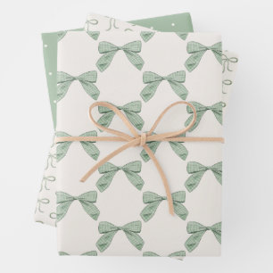 Sage Green Plaid Bow Elegant Neutral Baby Shower Wrapping Paper Sheet