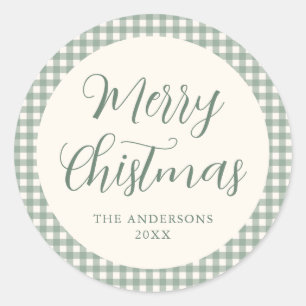 Sage Green Plaid Merry Christmas Script Custom Classic Round Sticker