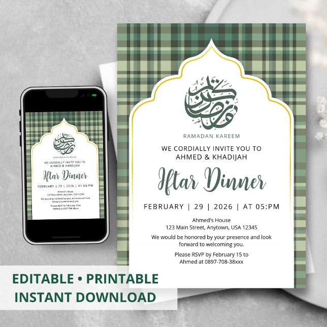 Sage Green Plaid Pattern Ramadan Iftar Invitation (Creator Uploaded)