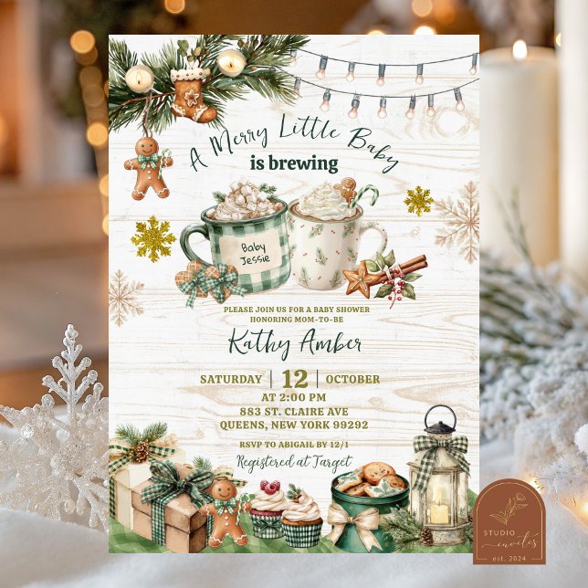 Sage Green Plaid Rustic Baby is Brewing Invitation (Creator Uploaded)