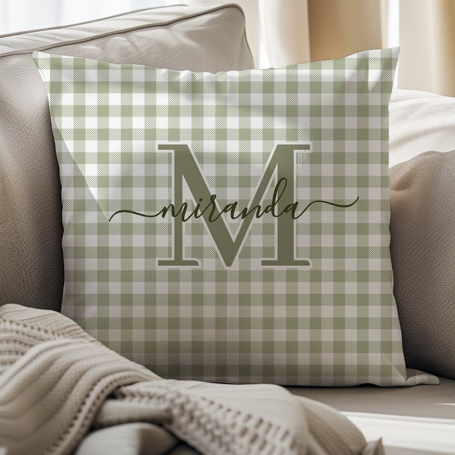 Sage Green Plaid Throw Pillow with Monogram (Creator Uploaded)