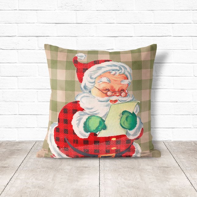 Sage Green Plaid Vintage Style Santa Christmas Cushion (Vintage Style Santa Sage Green Plaid Christmas Throw Pillow
)