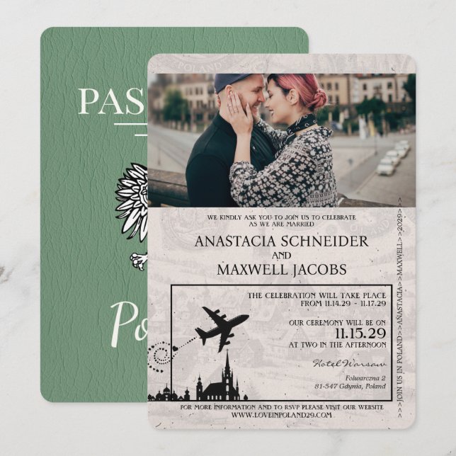 Sage Green Poland Passport Wedding Invitation (Front/Back)