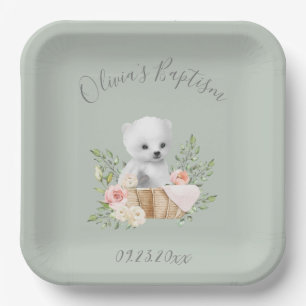 Sage Green Polar Bear Baby Baptism Paper Plates