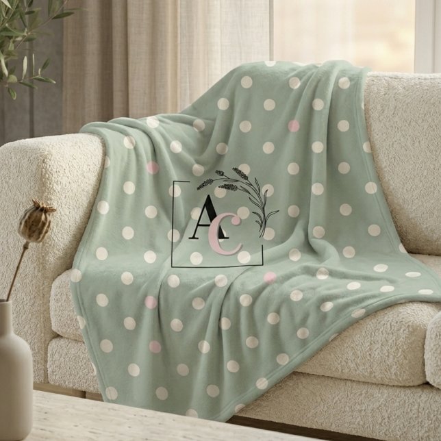 Sage Green Polka Dot Monogram Parents’ Eid Gift Fleece Blanket (Creator Uploaded)