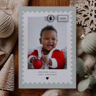 Sage Green Postage Stamp Baby's 1st Christmas Holiday Card