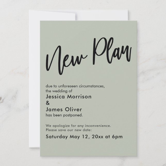 Sage Green Postponed Wedding New Plan Update Card (Front)