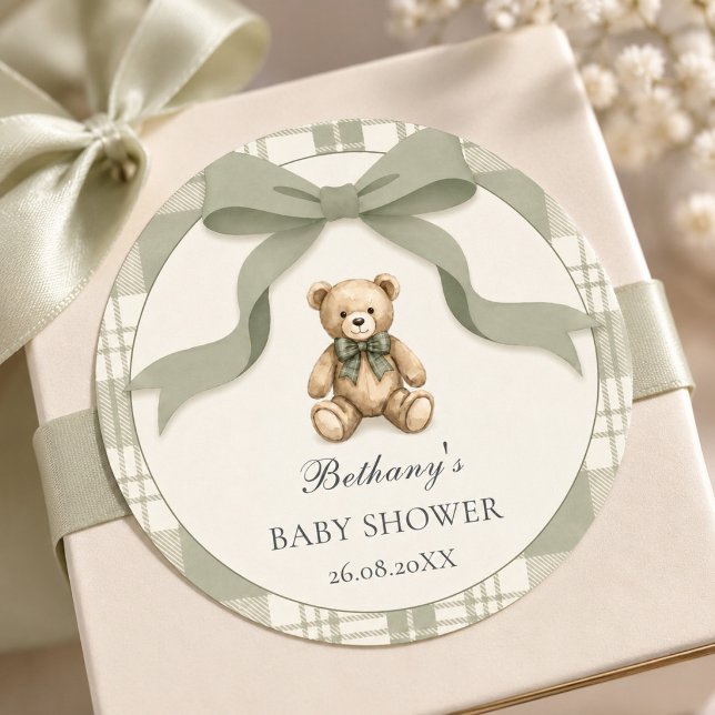 Sage Green Preppy Gingham Teddy Bear Baby Shower Classic Round Sticker (Preppy Grandmillennial Baby Shower Sticker)