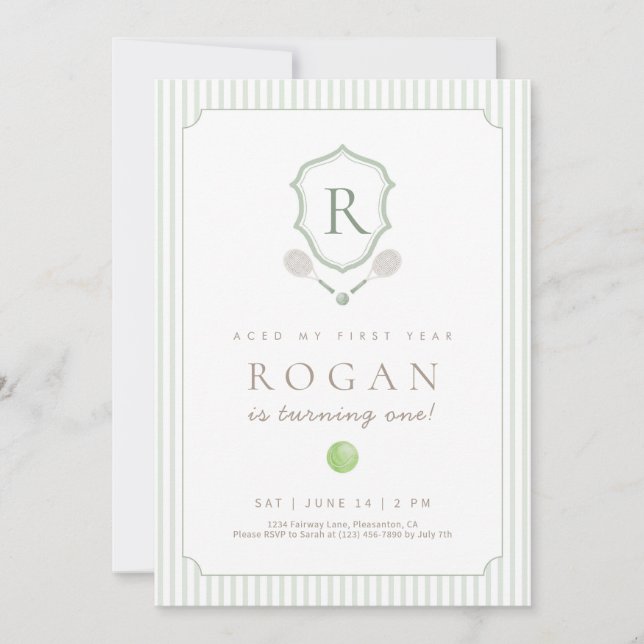 Sage Green Preppy Tennis Crest 1st Birthday invite (Front)