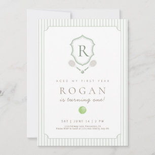Sage Green Preppy Tennis Crest 1st Birthday invite