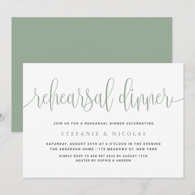 Sage Green Pretty Calligraphy Rehearsal Dinner Invitation (Front/Back)