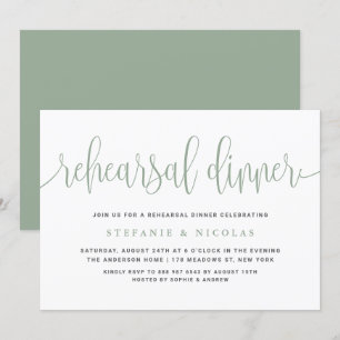Sage Green Pretty Calligraphy Rehearsal Dinner Invitation