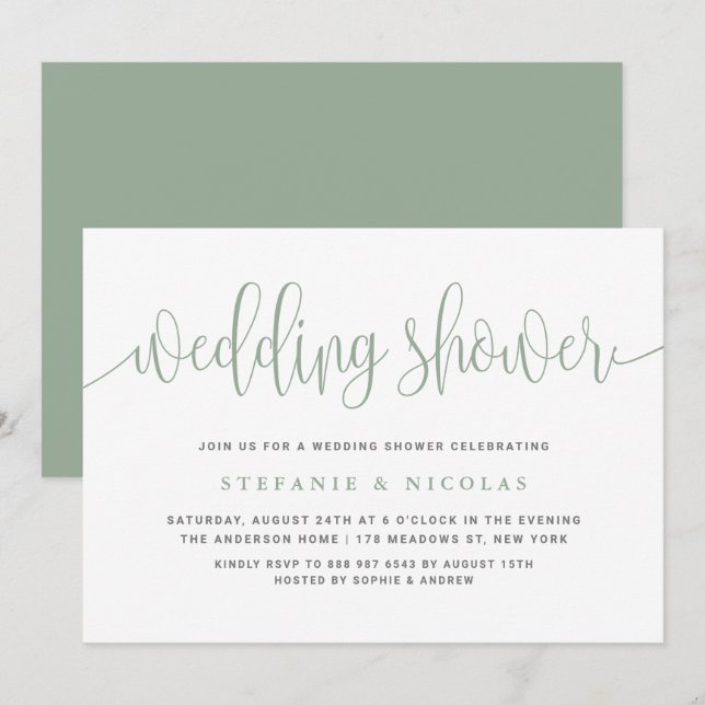 Sage Green Pretty Calligraphy Wedding Shower Invitation (Front/Back)