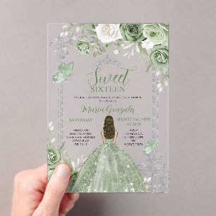 Sage Green Princess Butterfly Silver Sweet Sixteen Acrylic Invitations