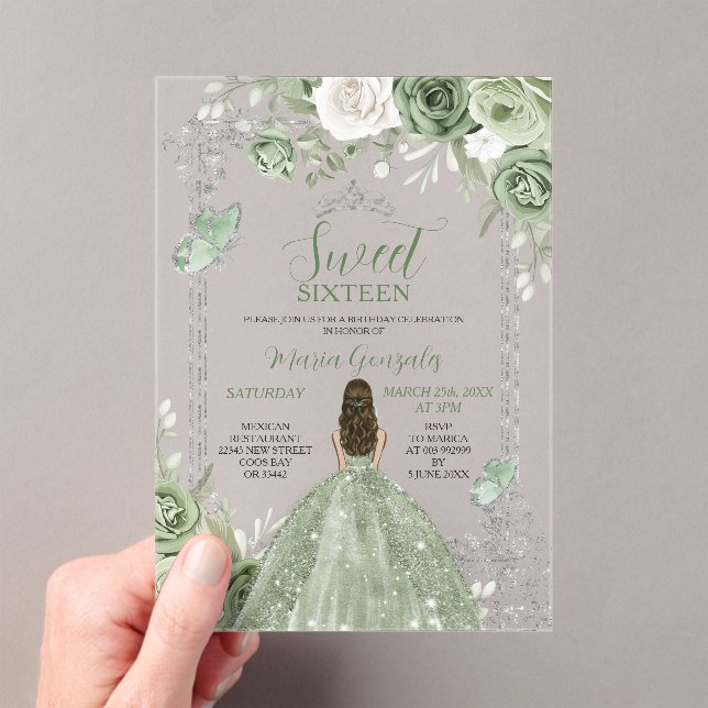 Sage Green Princess Butterfly Silver Sweet Sixteen Acrylic Invitations (Insitu (Handheld))
