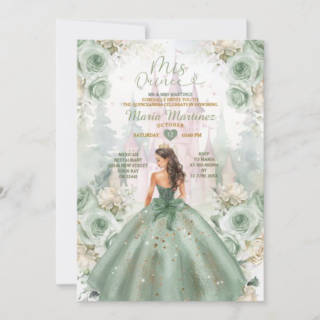 Sage Green Princess Castle and Forest Mis Quince Invitation (Front)