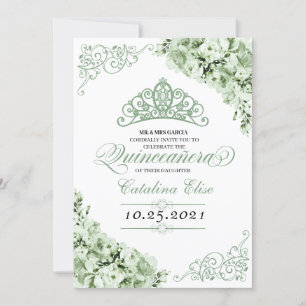 Sage Green Princess Crown Quinceanera Birthday Invitation