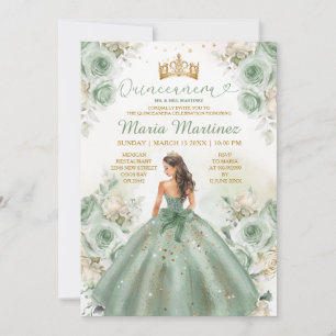 Sage Green Princess Dress Floral Gold Quinceañera Invitation