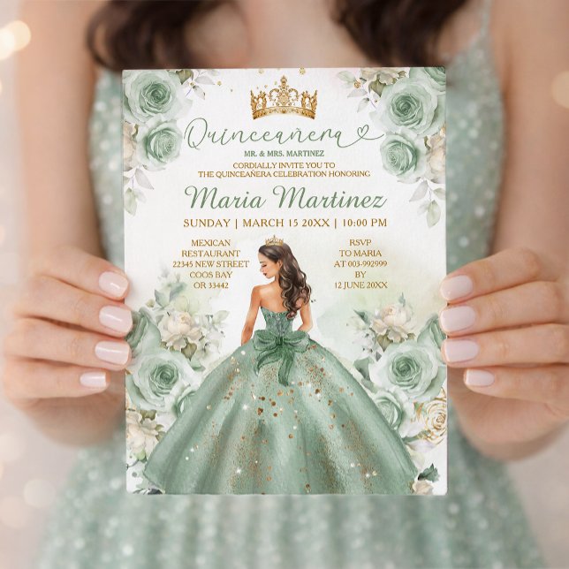 Sage Green Princess Dress Floral Gold Quinceañera Invitation (Creator Uploaded)