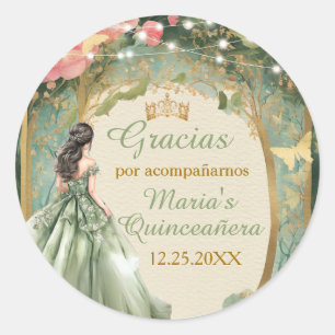 Sage Green Princess Dress Gold Forest Mis Quince Classic Round Sticker