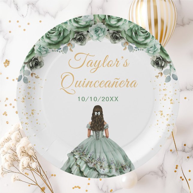 Sage Green Princess Floral Quinceañera Paper Plate (Creator Uploaded)