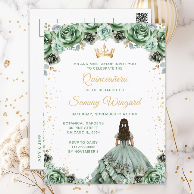 Sage Green Princess Floral Quinceañera Postcard (Creator Uploaded)