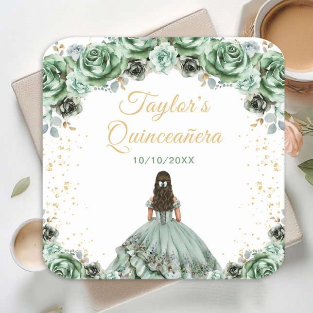 Sage Green Princess Floral Quinceañera Square Paper Coaster (Creator Uploaded)