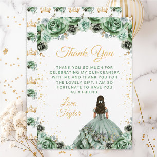 Sage Green Princess Floral Quinceañera Thank You Card