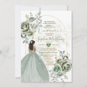 Sage Green Princess Florals Gold Crown Quiñceanera Invitation