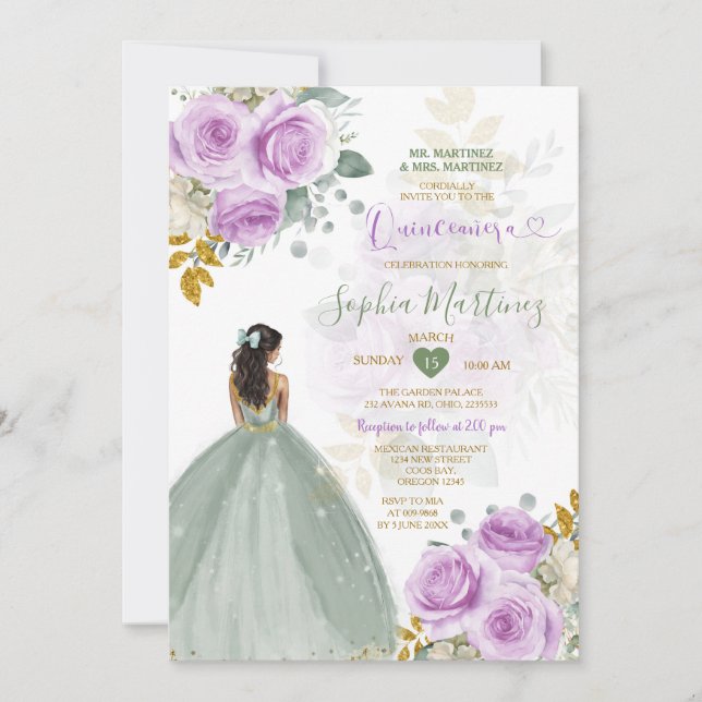 Sage Green Princess Purple Floral Gold Quiñceanera Invitation (Front)