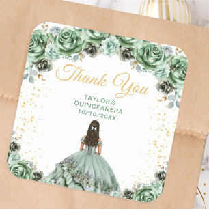 Sage Green Princess Quinceañera Thank You Square Sticker