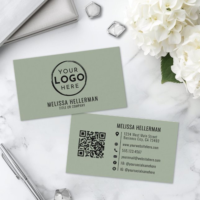 Sage Green Professional Logo QR Code Business Card (Sage Green Professional Logo QR Code Business Card)