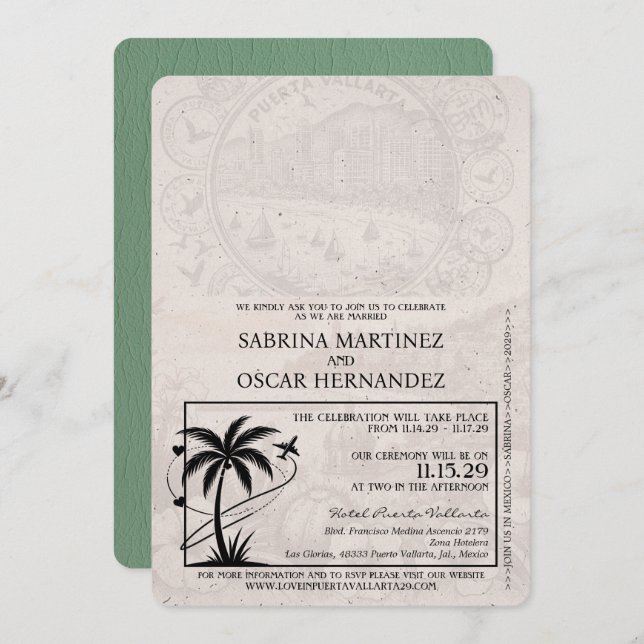 Sage Green Puerta Vallarta Passport Wedding Invitation (Front/Back)