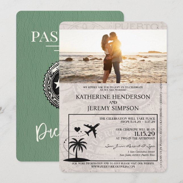 Sage Green Puerto Rico Passport Wedding Invitation (Front/Back)
