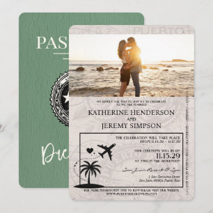 Sage Green Puerto Rico Passport Wedding Invitation
