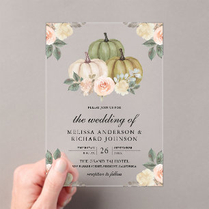 Sage Green Pumpkin and Dusty Peach Floral Wedding Acrylic Invitations