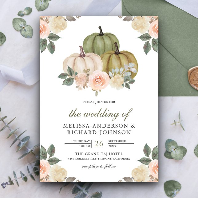 Sage Green Pumpkin and Dusty Peach Floral Wedding Invitation (Creator Uploaded)