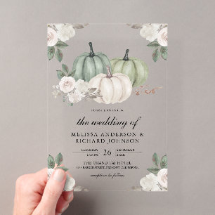 Sage Green Pumpkin and White Floral Wedding Acrylic Invitations