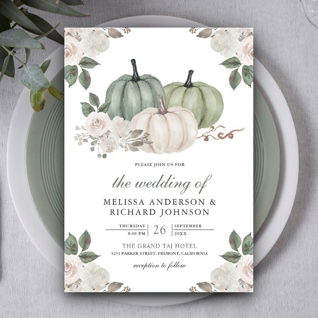 Sage Green Pumpkin and White Floral Wedding Invitation (Creator Uploaded)
