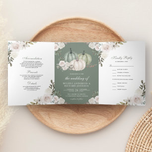 Sage Green Pumpkin and White Floral Wedding Tri-Fold Invitation