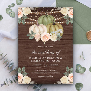 Sage Green Pumpkin Dusty Peach Floral Wood Wedding Invitation