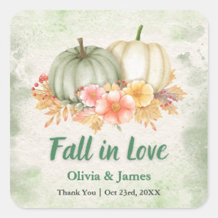 Sage Green Pumpkin Fall in Love Wedding Square Sticker
