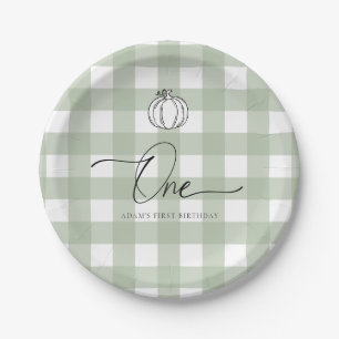 Sage Green Pumpkin First Birthday Paper Plate
