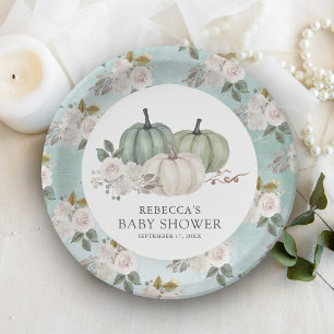 Sage Green Pumpkin Floral Fall Baby Shower Paper Plate