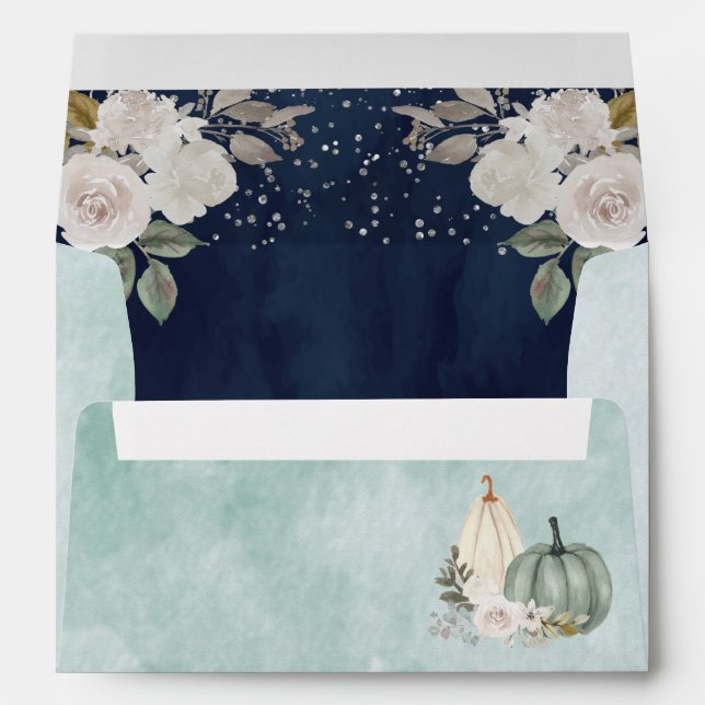 Sage Green Pumpkin Floral Fall Navy Blue Envelope (Back (Bottom))