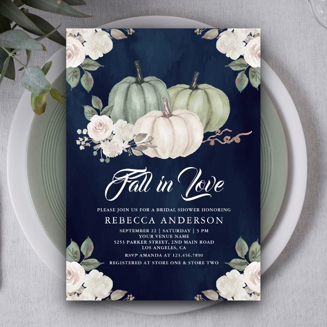 Sage Green Pumpkin Floral Navy Blue Bridal Shower Invitation (Creator Uploaded)