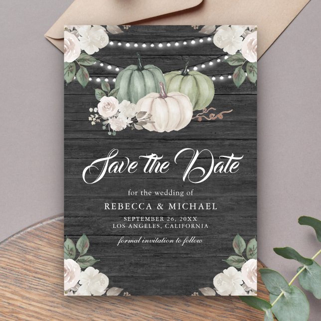 Sage Green Pumpkin Floral Wood Wedding Save The Date (Creator Uploaded)