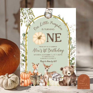Sage Green Pumpkin Forest Woodland Animal Birthday Invitation