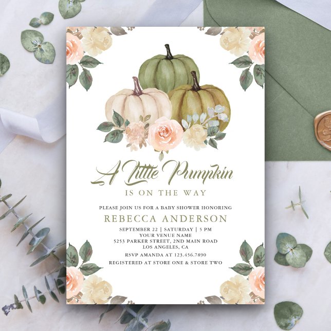 Sage Green Pumpkin Peach Floral Fall Baby Shower Invitation (Creator Uploaded)