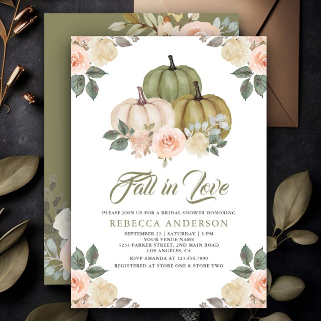 Sage Green Pumpkin Peach Floral Fall Bridal Shower Invitation (Creator Uploaded)
